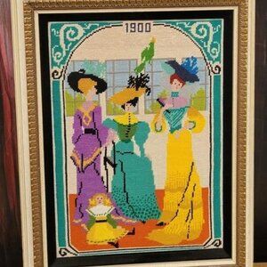 Rare Vtg French School Needlepoint 1900 Fashion